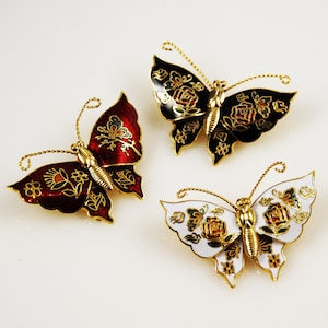 Cloisonné Gold Butterfly Pins Brooches Floral NOS Chinese brooch blue red white purple