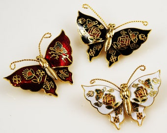 Cloisonné Gold Butterfly Pins Brooches Floral NOS Chinese brooch blue red white purple