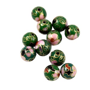 Perle rotonde in cloisonné verde smalto cinese floreale 8, 10 e 12 mm (12) Vintage
