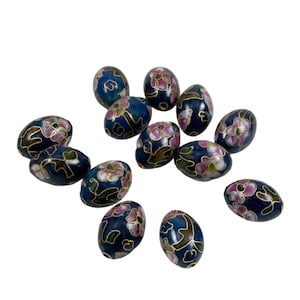 Vintage Cloisonne Blau Oval Perlen - Chinese Floral 18 x 12 mm (6) rosa Blumen