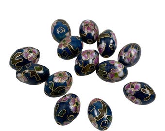 Vintage Cloisonne Blue Oval Beads - Chinese Floral 18 x 12mm (6) pink flowers