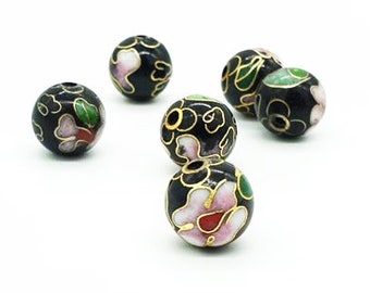 Black Cloisonne Round Beads (12) Chinese Enamel Floral 6, 8, 10mm flowers
