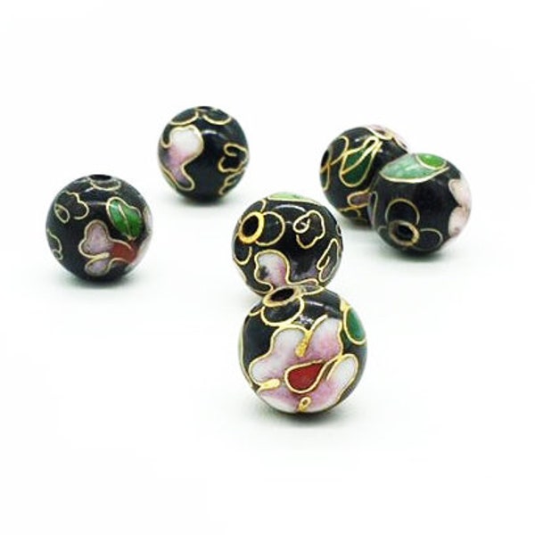 Black Cloisonne Round Beads (12) Chinese Enamel Floral 6, 8, 10mm flowers