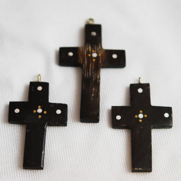 Black Horn Cross Pendant silver inlay - unisex Natural Buffalo Horn Hand crafted men’s Rustic
