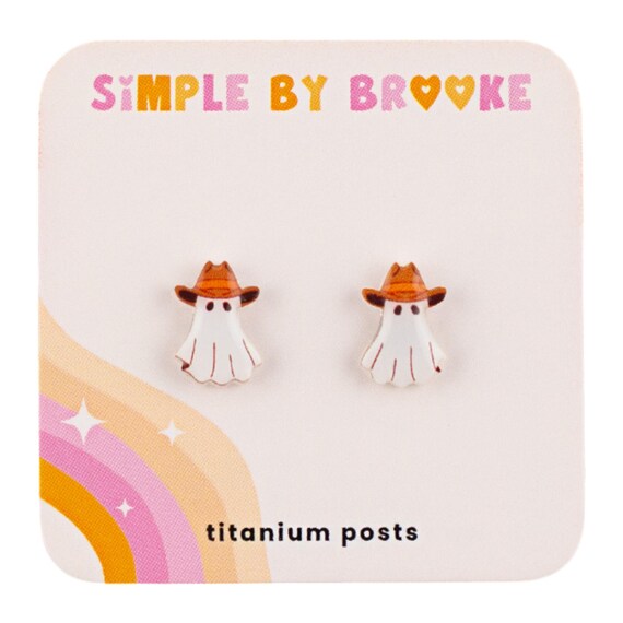 Cowboy Ghost Earrings: Western Halloween Studs, Titanium Posts
