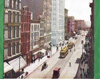 Vintage Postcard - Trolley Cars and Horses Pulling Buggies Share Broadway and Olive Street  in Downtown St. Louis, Missouri  (2970)