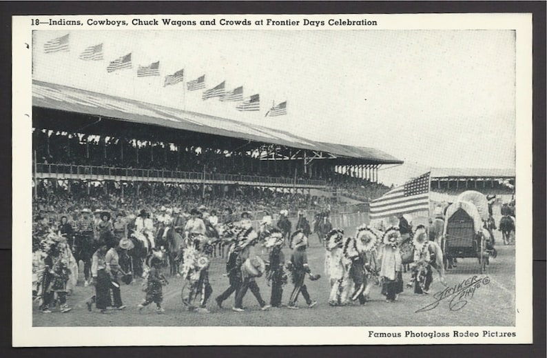 Native Americans Chuck Wagons and Crowds at Frontier Days Celebration Vintage Postcard 725a a Cowboys
