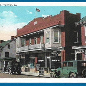 Cartolina d'epoca - Via principale di Palmyra, Pennsylvania, raffigurante l'ufficio postale e il Palmyra Lunch and Billiards (2260)