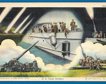 Linen Postcard - U S Coast Artillery and U S Army Signal Corps  (2230)