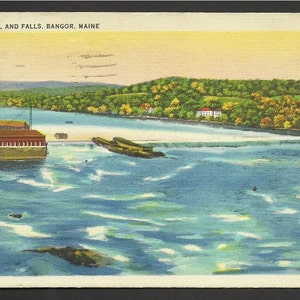 May include: Vintage postcard showing The Salmon Pool and Falls in Bangor, Maine. The image depicts a river with a dam, a factory, and trees on the banks. The sky is a soft yellow. The text at the top reads: The Salmon Pool and Falls, Bangor, Maine.