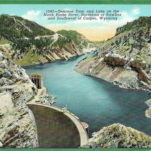 Cartão postal de linho vintage - Barragem e lago Seminoe no rio North Platte, perto de Casper, Wyoming (3492)