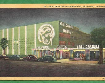 Linen Postcard - Automobiles Parked in Front of The Earl Carroll Theater Restaurant on Sunset Boulevard in Hollywood, California  (2892)