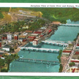 Carte postale Vintage lin - avion vue de la rivière Cedar et ponts de Waterloo, Iowa (2909)