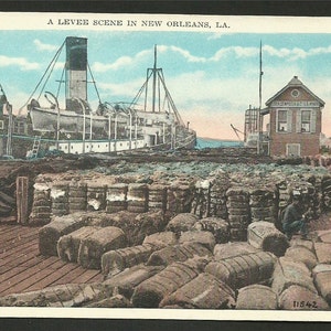 Cartão postal de linho - Uma cena de dique com fardos de algodão no cais, Nova Orleans, Louisianna (1366)