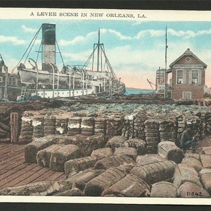 Linen Postcard  - A Levee Scene with Bales of Cotton on the Dock, New Orleans, Louisianna  (1366)