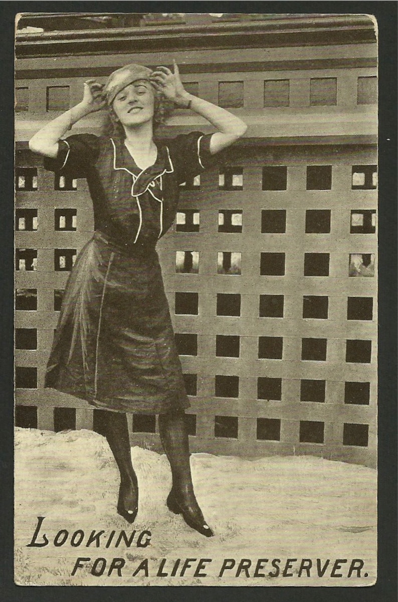 1118a Vintage Postcard Greeting Woman in a Dress Looking for a Life Preserver
