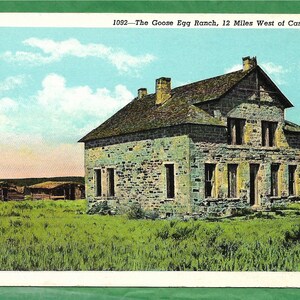 Vintage Leinen Postkarte - Steinhaus auf der Ranch Gänseei 12 Meilen östlich von Casper, Wyoming (2875)
