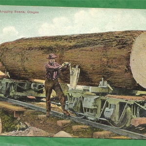 May include: A vintage postcard depicting a logging scene in Oregon. A large log is being transported on a railway car by two men. The log is very large and appears to be a redwood. The men are wearing work clothes and are using tools to move the log.