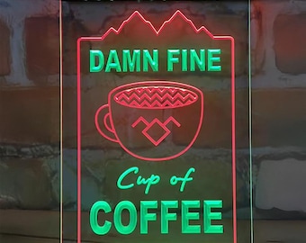 Twin Peaks - A Damn Fine Coffee Cup of Coffee - Dual Color Engraved Acrylic LED Sign - Hanging Wall Decor
