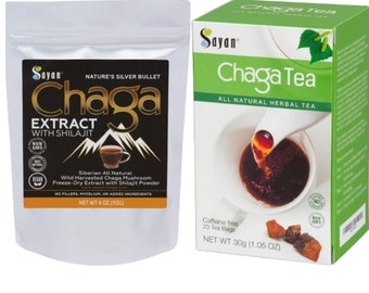 WIld Chaga Mushroom Extract & Pure Shilajit Resin powder, 4 oz package + WIld Chaga Mushroom Tea Extract Powder blend 20 Unbleached Bags