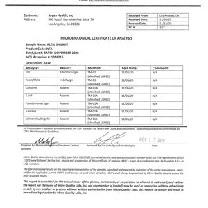 May include: Microbiological Certificate of Analysis for ALTAI SHILAJIT, Batch November 2020. The document lists the results of various tests, including total plate count, yeast and mold, coliforms, E. coli, Pseudomonas spp., S. aureus, and Salmonella/Shigella. The document is dated November 13, 2020.