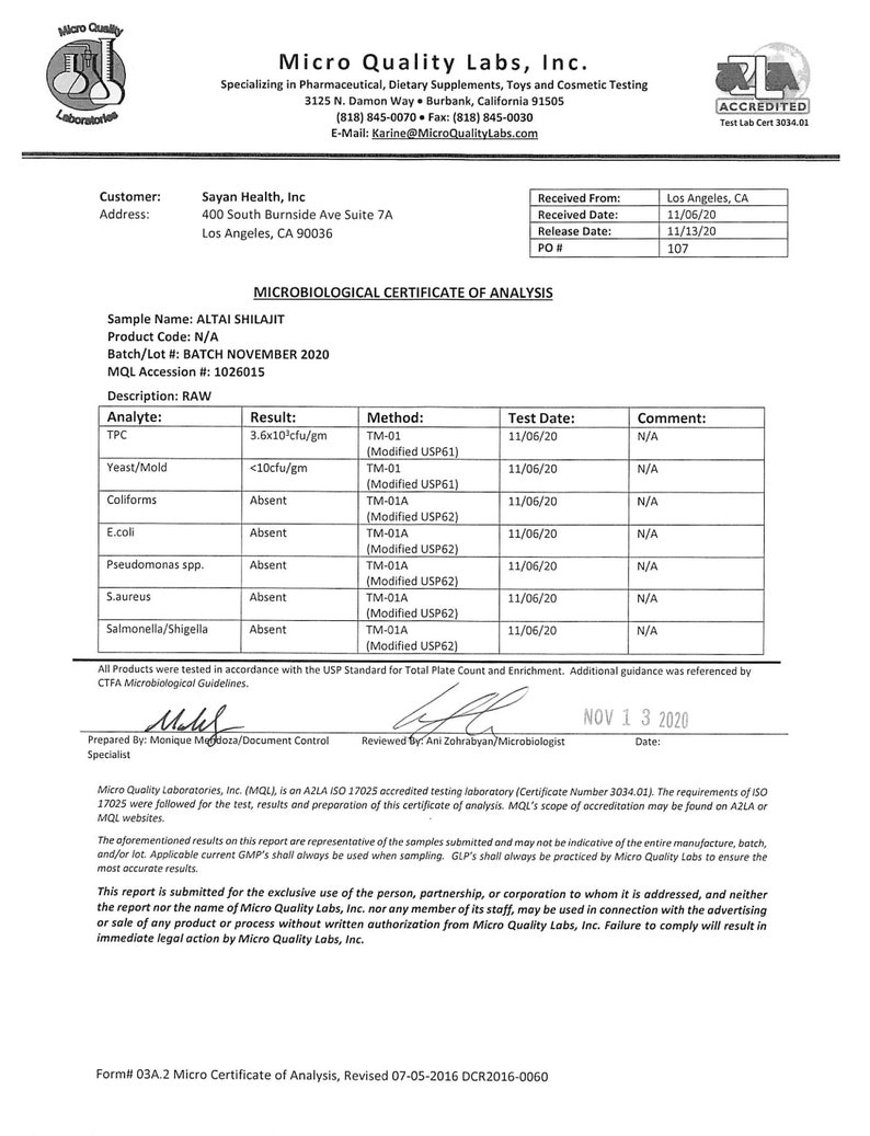 May include: Microbiological Certificate of Analysis for ALTAI SHILAJIT, Batch November 2020. The document lists the results of various tests, including total plate count, yeast and mold, coliforms, E. coli, Pseudomonas spp., S. aureus, and Salmonella/Shigella. The document is dated November 13, 2020.