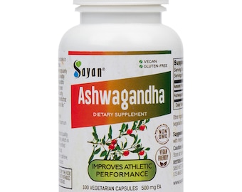 Organic Ashwagandha KSM66 Extract  100 Capsules, 500 mg each, All Natural, Vegetarian, Non-GMO, Stress Relief, Focus, Mood Support - Sayan