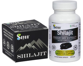 Sayan Pure Shilajit Resin 1oz / 25g, Glass jar, 250 Servings, Organic Fulvic Acid Supplement + Sayan Shilajit Freeze Dry 90 Veggie Caps