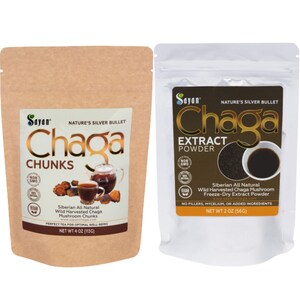 Pedaços de chá de cogumelo chaga selvagem com crosta preta 4 oz + extrato de cogumelo chaga selvagem em pó 2 oz