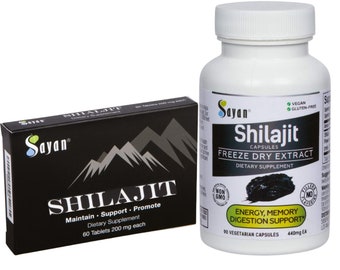 Natural Authentic Shilajit Pure Resin Tablets Fresh drops 200mg each + Sayan Shilajit Freeze Dry 90 Veggie Caps Chemical and Fillers Free