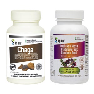 May include: Two white bottles of dietary supplements. The bottle on the left is labeled "Sayan Chaga Freeze Dry Chaga Extract" and the bottle on the right is labeled "Sayan Irish Sea Moss Bladderwrack Burdock Root Premium Wellness Blend". Both bottles are vegan and gluten-free.