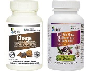 Wild Chaga Mushroom Extract Powder, Freeze Dry Vegetarian 90 caps/420 mg each + Irish Sea Moss, Bladderwrack, and Burdock Root, 100 Capsules