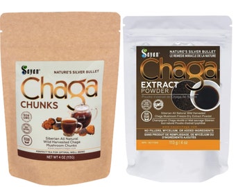 Wild Chaga Mushroom Tea Chunks with Black Top Crust 4oz + Wild Chaga Mushroom Extract Powder 4oz, Antioxidant, Premium Freeze Dry