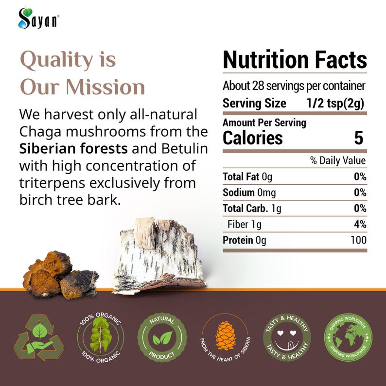 Chaga Tea Bags, Chaga Mushroom Tea Extract & Powder blend, No Caffeine, Detox and Antioxidant Tea, Yoga Teacher Gift, Siberian Chaga Tea