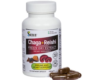 Wild Chaga & Reishi Mushroom Extract Powder Capsules Siberian Freeze Dry Vegetarian 90 pills /420mg Antioxidant Immune Ingestion Support