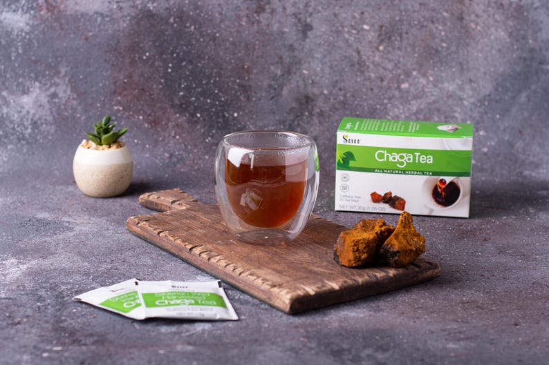 Chaga Tea Bags, Chaga Mushroom Tea Extract & Powder blend, No Caffeine, Detox and Antioxidant Tea, Yoga Teacher Gift, Siberian Chaga Tea
