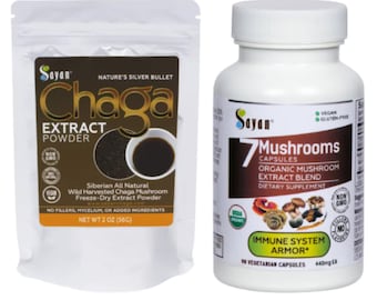 WIld Chaga Mushroom Extract Powder Tea 2 oz Antioxidant, Siberian Harvested, Freeze Dry + Sayan 7 Mushroom Extract 90 Vegan Capsules