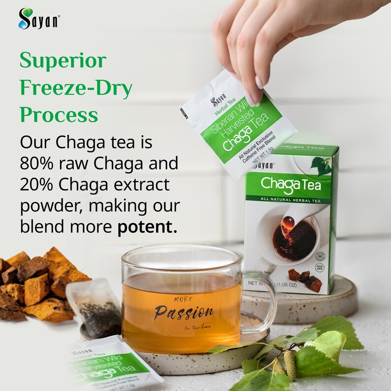 Chaga Tea Bags, Chaga Mushroom Tea Extract & Powder blend, No Caffeine, Detox and Antioxidant Tea, Yoga Teacher Gift, Siberian Chaga Tea