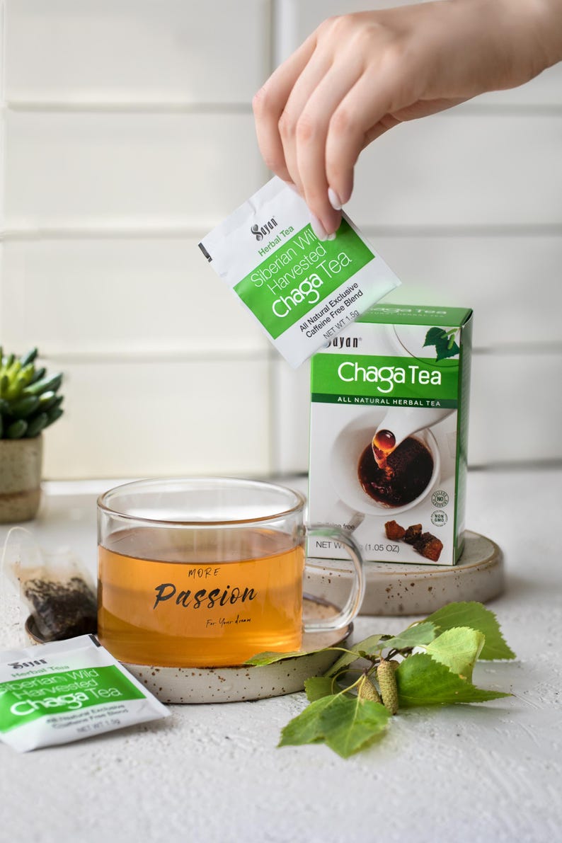 Chaga Tea Bags, Chaga Mushroom Tea Extract & Powder blend, No Caffeine, Detox and Antioxidant Tea, Yoga Teacher Gift, Siberian Chaga Tea