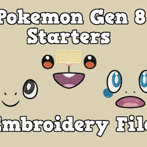 May include: Embroidery files for Pokemon Gen 8 starters. The image shows three cartoon faces of the starter Pokemon: Grookey, Scorbunny, and Sobble.