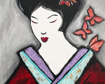 May include: A painting of a woman with black hair and a red kimono. She has a flower in her hair and butterflies are flying around her. The background is a light gray.
