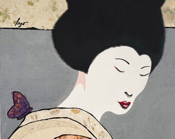 May include: A painting of a woman with black hair and a white face. She is wearing a white and orange patterned kimono. A purple butterfly is on her shoulder.