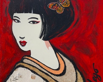 May include: A painting of a woman with black hair and a butterfly in her hair. She is wearing a white and gold kimono. The background is red.