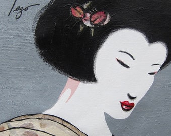 日本の舞妓さんアートプリント - 芸者の肖像画、サイン入り油絵（8x10
