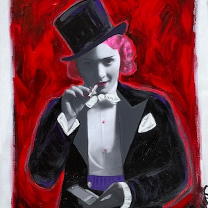 May include: A painting of a person wearing a black top hat, a white bow tie, and a black tuxedo jacket. The person has pink hair and is holding a cigarette in their mouth. The background is a red abstract painting.