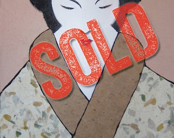 May include: A painting of a woman in a traditional Japanese kimono with a white background. The woman has black hair and is wearing a brown and white kimono with a floral pattern. The word "SOLD" is stamped in red over the image.