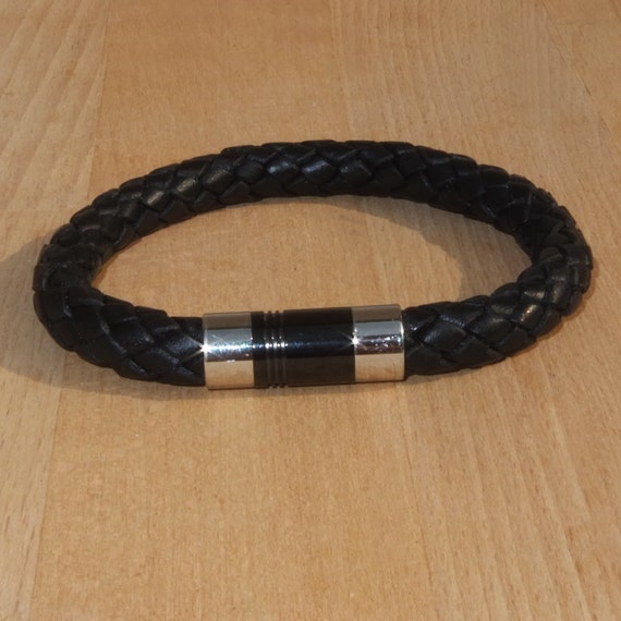 TTstyle Black Leather Stainless Steel Greek Key Magnet Buckle Bracelet | Australia