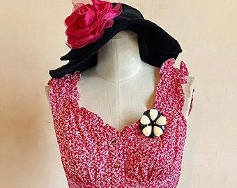 Up Cycled Ditzy Floral Pink Red Baby Doll Dress With Black And White 60s Mod Flower Power Brooch