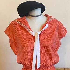 Vintage 1980s Sailor Collar Nautical Bow Tie Swiss Dots Retro New Wave Mod Orange Dress image 1