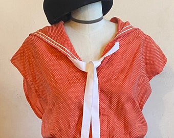 Vintage 1980’s Sailor Collar Nautical Bow Tie Swiss Dots Retro New Wave Mod Orange Dress